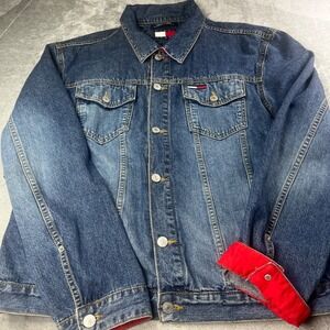 Vintage Tommy Jeans Denim Jacket Large Blue Jean Red Trim Button Up Classic